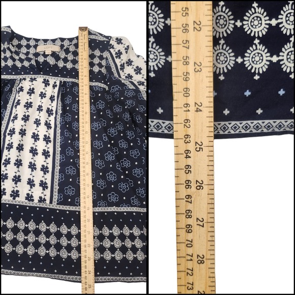 LOFT Shirt Medium Blue White Boho Poet Bell Sleeve Floral Peasant Blouse - Picture 8 of 10